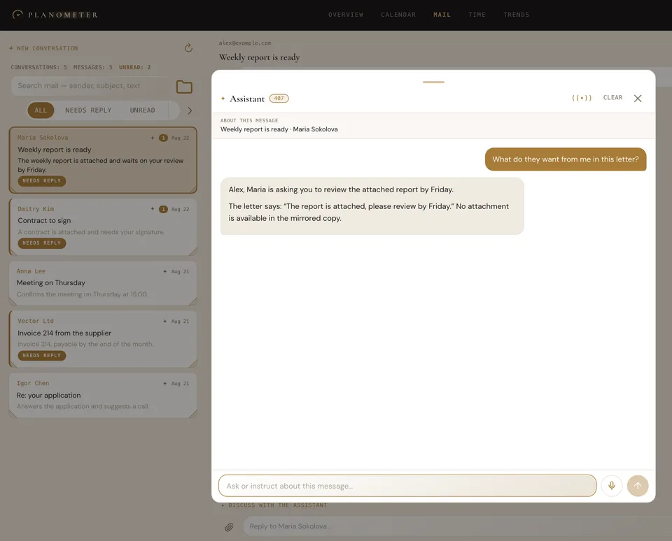 The Planometer assistant open over a mail conversation
