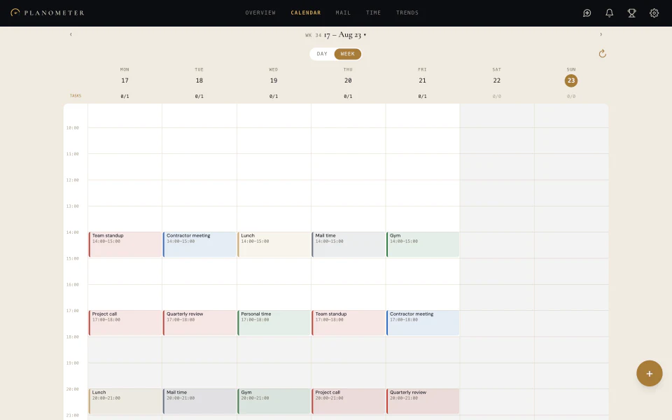 Planometer weekly calendar with scheduled events and a rescheduled item