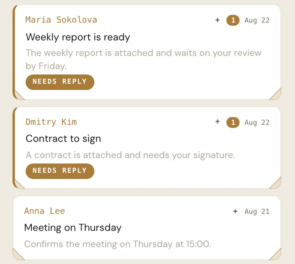 Mail cards showing a one-line summary and a “needs reply” mark