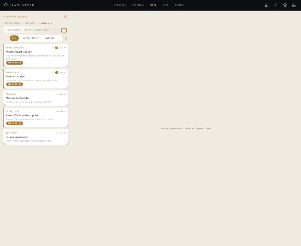 Mail: Planometer inbox with messages grouped into conversations